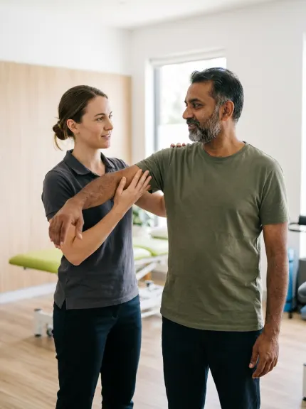 Illustrative physiotherapy assessment scene showing a clinician guiding a patient's shoulder movement; not actual clinic staff or patients